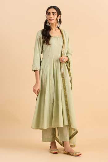 Roohbyridhimaa_Green Silk, Organza, Chanderi Embroidery, Sequins Scoop Chahat Anarkali Set _at_Aza_Fashions