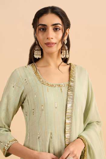 Shop_Roohbyridhimaa_Green Silk, Organza, Chanderi Embroidery, Sequins Scoop Chahat Anarkali Set 