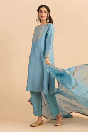 Roohbyridhimaa_Blue Silk, Viscose, Organza Zari, Gota Patti Jaziraa Yoke Embroidered Kurta Set _at_Aza_Fashions