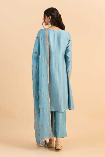 Shop_Roohbyridhimaa_Blue Silk, Viscose, Organza Zari, Gota Patti Jaziraa Yoke Embroidered Kurta Set _at_Aza_Fashions