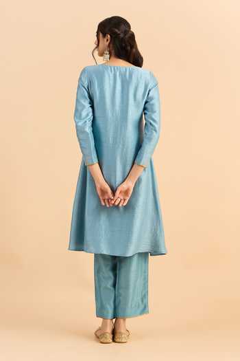 Roohbyridhimaa_Blue Silk, Viscose, Organza Zari, Gota Patti Jaziraa Yoke Embroidered Kurta Set _Online