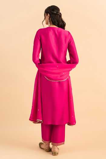 Shop_Roohbyridhimaa_Fuchsia Silk, Organza, Viscose Embroidery, Zari, Mirrors Pink Raafta Kurta Set _at_Aza_Fashions