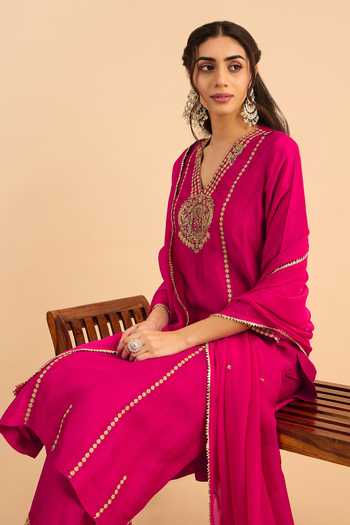 Shop_Roohbyridhimaa_Fuchsia Silk, Organza, Viscose Embroidery, Zari, Mirrors Pink Raafta Kurta Set 