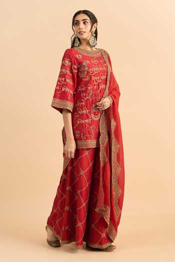 Roohbyridhimaa_Red Silk, Organza, Viscose Embroidery, Zari Round Neck Mehrban Kurta Set _Online_at_Aza_Fashions
