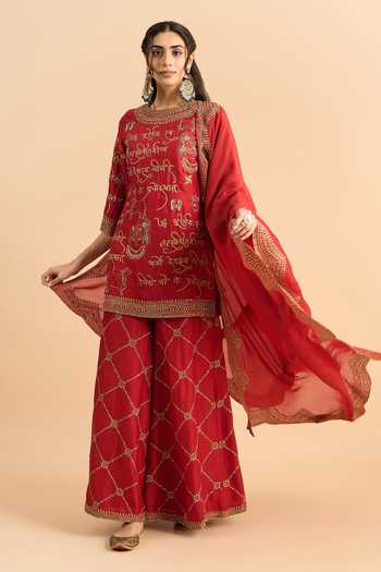 Buy_Roohbyridhimaa_Red Silk, Organza, Viscose Embroidery, Zari Round Neck Mehrban Kurta Set _Online_at_Aza_Fashions