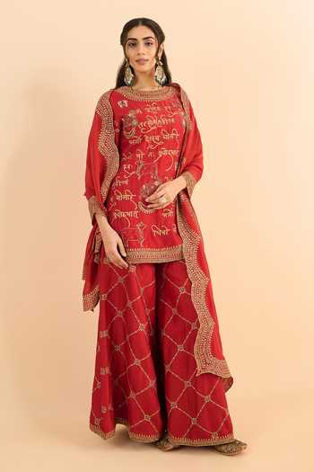 Buy_Roohbyridhimaa_Red Silk, Organza, Viscose Embroidery, Zari Round Neck Mehrban Kurta Set 