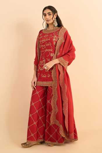 Shop_Roohbyridhimaa_Red Silk, Organza, Viscose Embroidery, Zari Round Neck Mehrban Kurta Set 