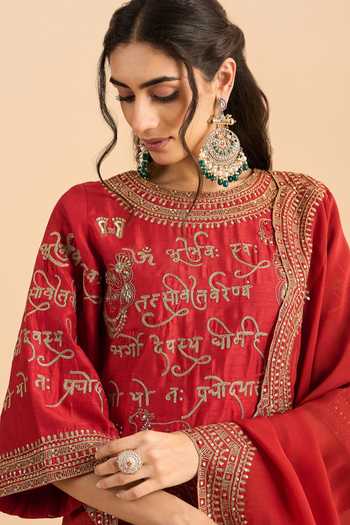 Roohbyridhimaa_Red Silk, Organza, Viscose Embroidery, Zari Round Neck Mehrban Kurta Set _Online