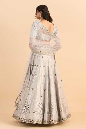 Shop_Roohbyridhimaa_Silver Crepe, Net Mirrors V-neck Ainaa Embroidered Lehenga Set _at_Aza_Fashions