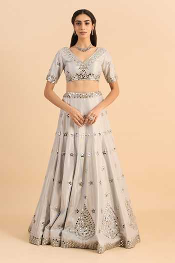 Roohbyridhimaa_Silver Crepe, Net Mirrors V-neck Ainaa Embroidered Lehenga Set _Online_at_Aza_Fashions