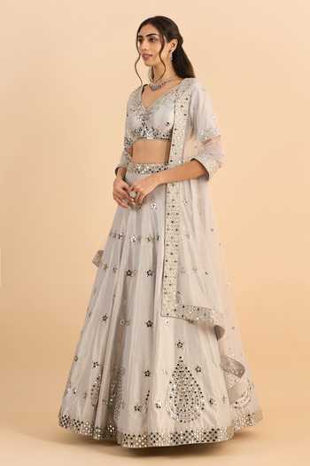 Buy_Roohbyridhimaa_Silver Crepe, Net Mirrors V-neck Ainaa Embroidered Lehenga Set _Online_at_Aza_Fashions