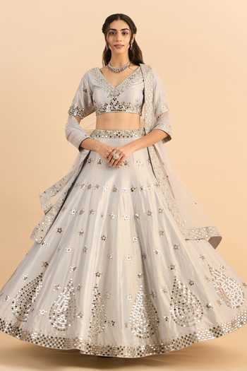 Shop_Roohbyridhimaa_Silver Crepe, Net Mirrors V-neck Ainaa Embroidered Lehenga Set _Online_at_Aza_Fashions