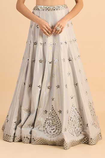 Roohbyridhimaa_Silver Crepe, Net Mirrors V-neck Ainaa Embroidered Lehenga Set _at_Aza_Fashions