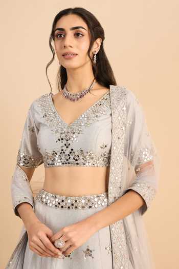 Buy_Roohbyridhimaa_Silver Crepe, Net Mirrors V-neck Ainaa Embroidered Lehenga Set 