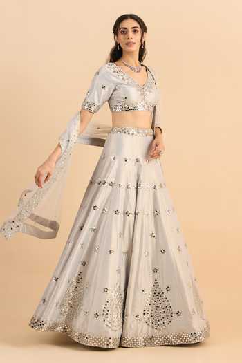 Shop_Roohbyridhimaa_Silver Crepe, Net Mirrors V-neck Ainaa Embroidered Lehenga Set 
