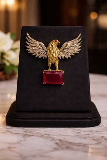 Shop_Queens Jewels_Gold Stones, Crystals Ruby Eagle Statement Brooch _at_Aza_Fashions