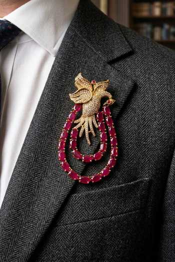 Buy_Queens Jewels_Red Stones, Flying Peacock Brooch _at_Aza_Fashions
