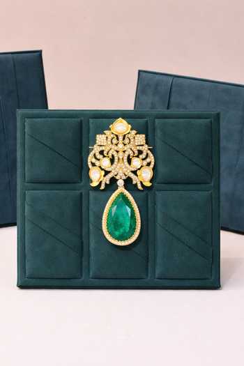Shop_Queens Jewels_Green Stones, Diamonds, Emerald Noor Brooch _at_Aza_Fashions