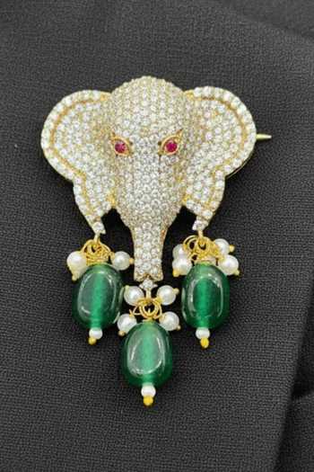 Shop_Queens Jewels_Green Pearls, Stones Royal Emerald Ganpati Brooch _at_Aza_Fashions