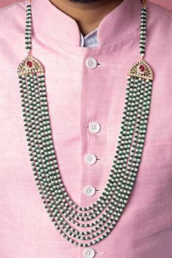 Buy_Queens Jewels_Green Beads, Pearls Multi Layer Jadau Mala _at_Aza_Fashions