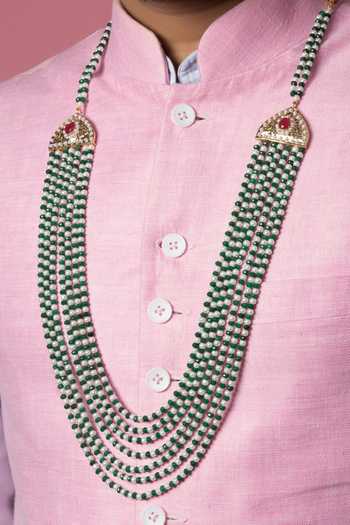 Shop_Queens Jewels_Green Beads, Pearls Multi Layer Jadau Mala _at_Aza_Fashions