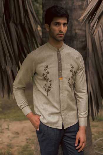 Buy_Lacquer Embassy_Beige Cotton Embroidery Alavar Oxford Shirt _at_Aza_Fashions