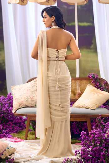 Aariyana Couture_Ivory Lycra, Net Embroidery Halter Neck Pre-draped Saree With Blouse _Online_at_Aza_Fashions