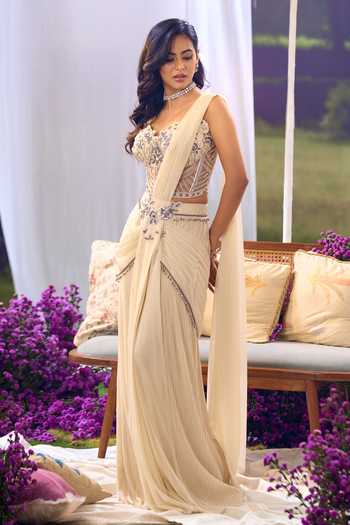 Shop_Aariyana Couture_Ivory Lycra, Net Sequins, Beads Sweetheart Neck Pre-draped Saree With Corset _Online_at_Aza_Fashions