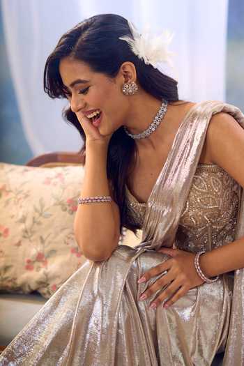 Buy_Aariyana Couture_Gold Lycra, Net Embroidery Sweetheart Neck Pre-draped Saree With Corset 
