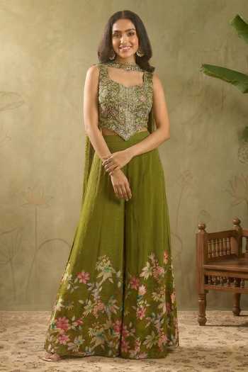 Buy_Samyukta Singhania_Green Silk, Viscose, Net Embroidery, Stones, Mirrors Hand Work Top Palazzo Set _at_Aza_Fashions