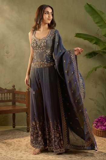 Buy_Samyukta Singhania_Blue Silk Zari V-, Sweetheart Embroidered Kurta Sharara Set _at_Aza_Fashions