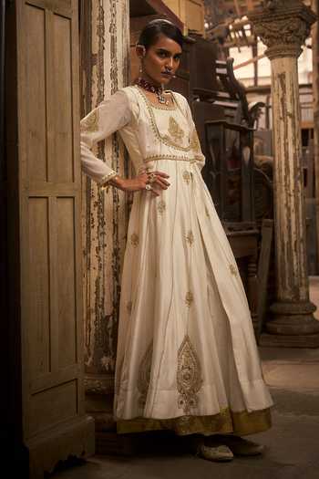 Shop_Hirika & Dhruti_Off White Chanderi, Silk Zari Scoop Badla Hand Work Anarkali With Long Jacket _at_Aza_Fashions