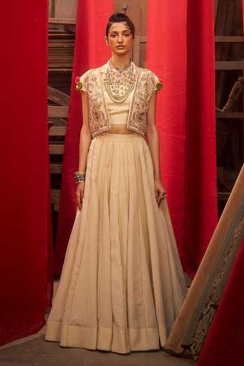 Buy_Hirika & Dhruti_Off White Tissue Embroidery Round Neck Hand Jacket Lehenga Set _at_Aza_Fashions