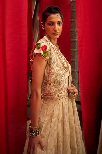 Buy_Hirika & Dhruti_Off White Tissue Embroidery Round Neck Hand Jacket Lehenga Set _Online_at_Aza_Fashions