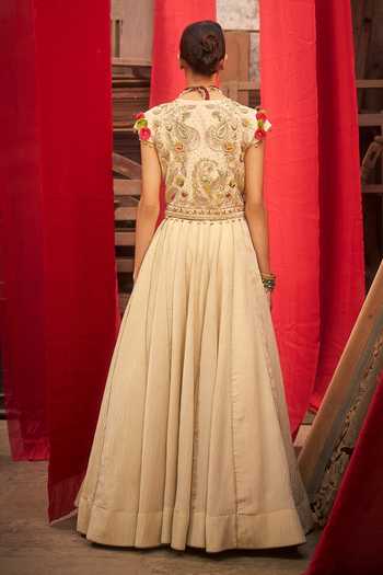 Shop_Hirika & Dhruti_Off White Tissue Embroidery Round Neck Hand Jacket Lehenga Set _at_Aza_Fashions