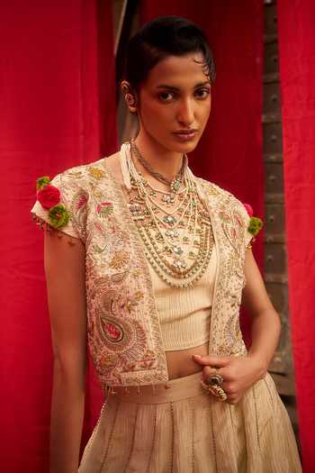 Shop_Hirika & Dhruti_Off White Tissue Embroidery Round Neck Hand Jacket Lehenga Set _Online_at_Aza_Fashions
