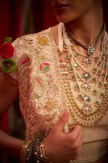 Hirika & Dhruti_Off White Tissue Embroidery Round Neck Hand Jacket Lehenga Set _at_Aza_Fashions