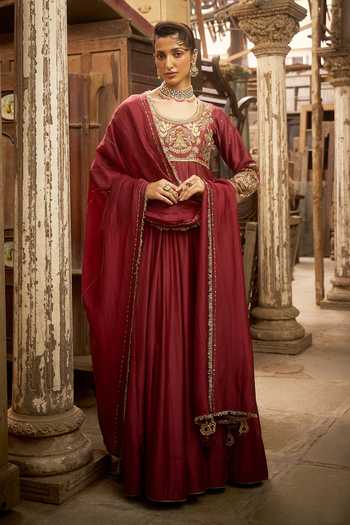 Buy_Hirika & Dhruti_Burgundy Silk, Organza Embroidery, Zari, Karnika Hand Work Anarkali With Dupatta _at_Aza_Fashions