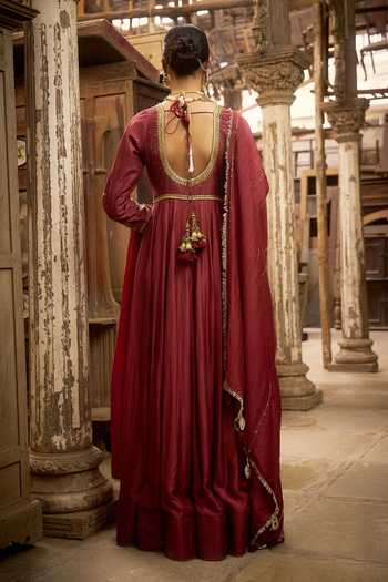 Shop_Hirika & Dhruti_Burgundy Silk, Organza Embroidery, Zari, Karnika Hand Work Anarkali With Dupatta _at_Aza_Fashions