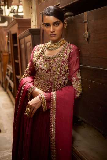 Shop_Hirika & Dhruti_Burgundy Chanderi, Cotton, Lycra, Organza Dori Angarkha Anarkali Set _at_Aza_Fashions