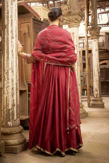 Shop_Hirika & Dhruti_Burgundy Silk, Chanderi, Cotton, Lycra, Organza Zardozi Work Anarkali Set _at_Aza_Fashions