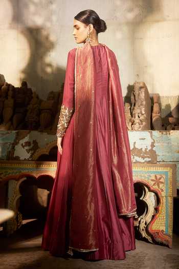 Shop_Hirika & Dhruti_Burgundy Silk, Cotton, Lycra, Tissue Embroidery, Sufi Angarkha Anarkali Set _at_Aza_Fashions