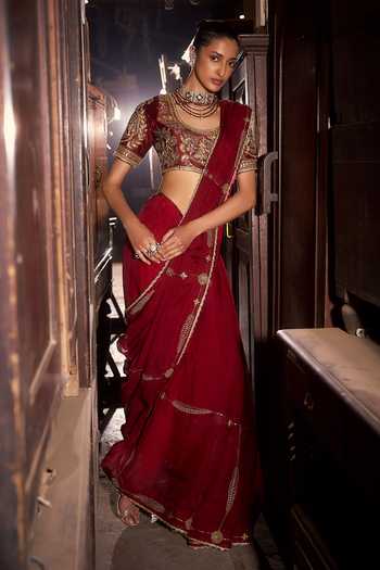 Buy_Hirika & Dhruti_Red Silk, Organza, Chanderi Zari, Tassels, Fankaar Hand Work Saree And Blouse Set _Online_at_Aza_Fashions