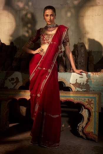 Buy_Hirika & Dhruti_Red Silk, Organza, Chanderi Zari, Tassels, Fankaar Hand Work Saree And Blouse Set _at_Aza_Fashions