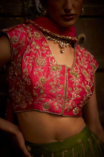 Hirika & Dhruti_Green Banarasi, Silk, Chanderi, Organza Scattered Butti Work Lehenga Set _Online_at_Aza_Fashions