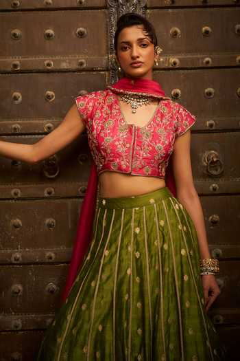 Shop_Hirika & Dhruti_Green Banarasi, Silk, Chanderi, Organza Scattered Butti Work Lehenga Set _Online_at_Aza_Fashions