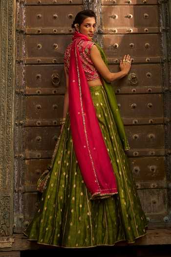 Shop_Hirika & Dhruti_Green Banarasi, Silk, Chanderi, Organza Scattered Butti Work Lehenga Set _at_Aza_Fashions