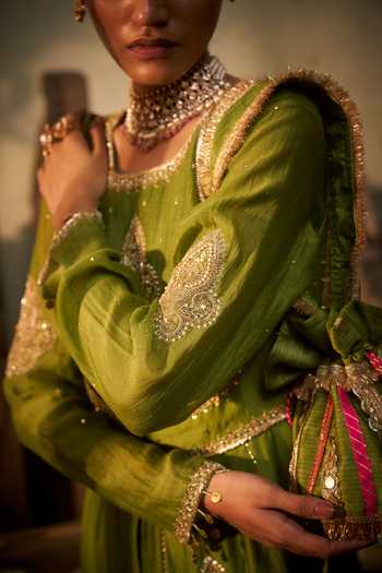 Hirika & Dhruti_Green Chanderi, Silk Zari Round Neck Nooree Hand Work Anarkali And Long Jacket Set _Online_at_Aza_Fashions