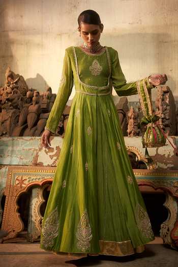Buy_Hirika & Dhruti_Green Chanderi, Silk Zari Round Neck Nooree Hand Work Anarkali And Long Jacket Set _at_Aza_Fashions