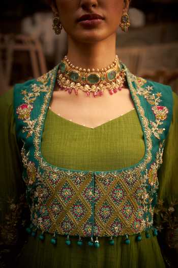Buy_Hirika & Dhruti_Green Chanderi Embroidery Square Neck Hand Work Anarkali And Jacket Set _Online_at_Aza_Fashions